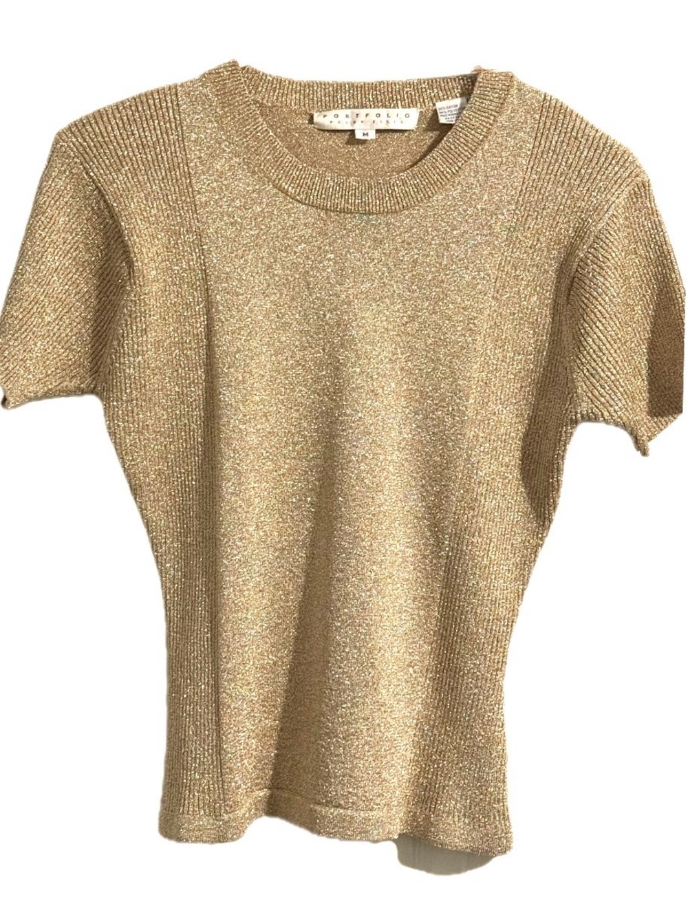 Perry Ellis Portfolio Gold Metallic Knit Short Sleeve Top Shimmer Size M Vintage